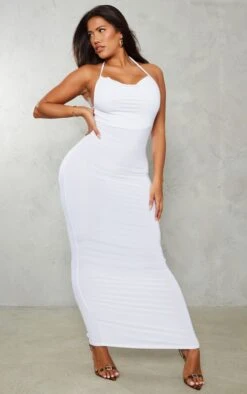 Shape White Slinky Strappy Cowl Scoop Back Ruched Maxi Dress