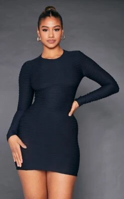 Black Textured Crew Neck Long Sleeve Bodycon Dress