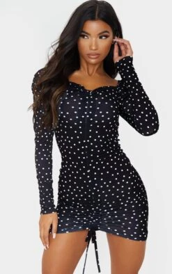 Black Polka Dot Print Ruched Front Long Sleeve Bodycon Dress