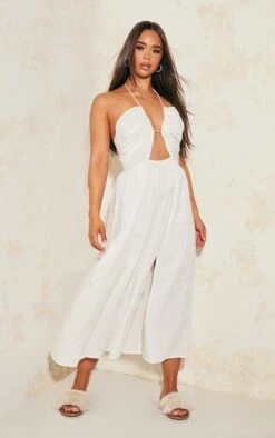 White Linen Look Halterneck Plunge Midaxi Dress