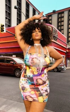 Plus Multi Newspaper Print Cowl Neck Bodycon Dress