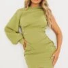 Sage Green One Sleeve Ruched Woven Bodycon Dress