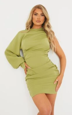 Sage Green One Sleeve Ruched Woven Bodycon Dress