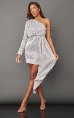 Silver Sequin One Shoulder Draped Bodycon Dress -Serenova Dresses Shop 0686b4e42e7c7d754d4b09702945b66ed7ce4b8e cnb3650 3