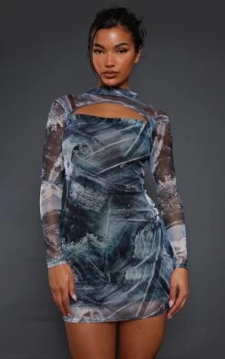 Blue Denim Print Mesh Cut Out Long Sleeve Bodycon Dress