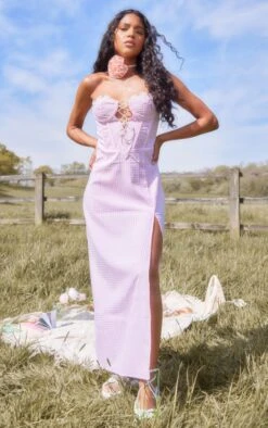 Pastel Pink Gingham Lace Trim Corset Split Midi Dress