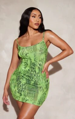 Shape Green Printed Slinky Strappy Mini Dress
