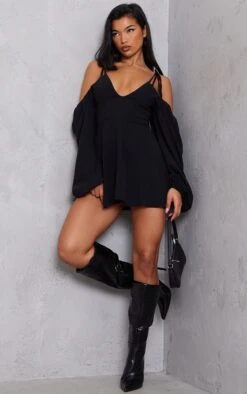 Black Woven Cold Shoulder Puff Sleeve Shift Dress
