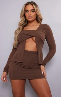 Chocolate Rib Wrap Cut Out Bodycon Dress