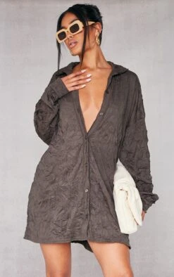 Khaki Crushed Plisse Oversized Shirt Dress