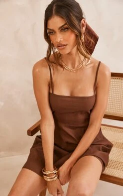 Chocolate Straight Neck Linen Look Ruched Back Detail Swing Dress -Serenova Dresses Shop 11e3e36ac150dd2f2f87ab93939097695a125699 cnd4049 4