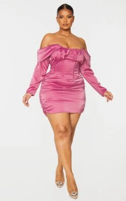 Plus Pink Satin Drape Bardot Sleeve Ruched Back Bodycon Dress