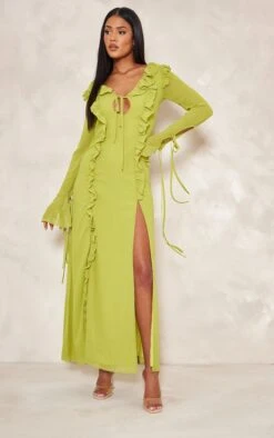 Tall Lime Long Sleeve Frilled Maxi Dress