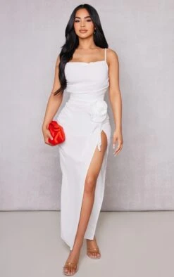 Petite White Mesh Midaxi Dress With Flower Detail