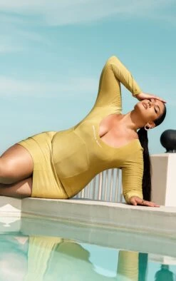 Plus Olive Printed Slinky Seam Detail Bodycon Dress