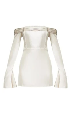 Champagne Satin Pleat Detail Bardot Flared Sleeve Shift Dress 9 Champagne Satin Pleat Detail Bardot Flared Sleeve Shift Dress -Serenova Dresses Shop 175a7474d5eb47f0f1a86f2d82aefdd628474bfe cnc6160 5