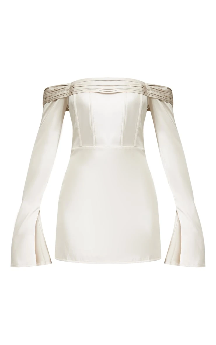 Champagne Satin Pleat Detail Bardot Flared Sleeve Shift Dress 5 Champagne Satin Pleat Detail Bardot Flared Sleeve Shift Dress - Image 5