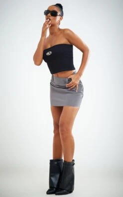 Charcoal Woven High Waisted Belt Loop Detail Mini Skirt