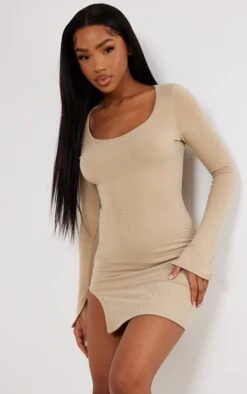 Sand Contour Jersey Scoop Neck Split Bodycon Dress