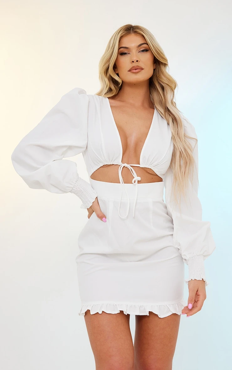 White Tie Front Frill Hem Shift Dress 1 White Tie Front Frill Hem Shift Dress