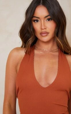 Rust Ribbed Halterneck Tie Back Bodycon Dress -Serenova Dresses Shop 1de0926def5b7f1276ed60406ca5f7e810a684e0 cmy7256 5