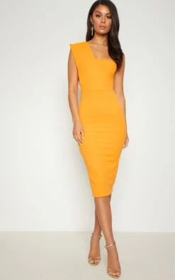 Yellow One Shoulder Draped Midi Dress