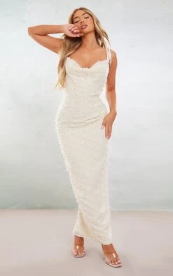 Cream Textured Frayed Detail Strappy Cowl Neck Maxi Dress
