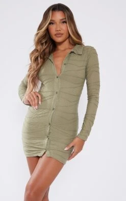 Sage Khaki Textured Button Down Polo Collar Shirt Dress