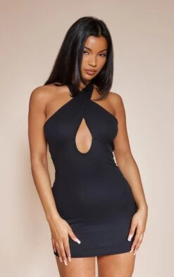 Black Cross Neck Cut Out Rib Bodycon Dress