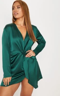 Plus Emerald Green Satin Long Sleeve Wrap Dress