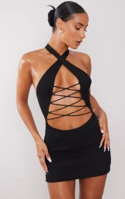 Black Rib Knit Halterneck Lace Front Dress