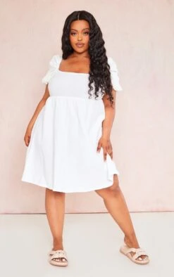 Plus White Textured Linen Look Puff Sleeve Shift Dress -Serenova Dresses Shop 28b76c328b77f5e610fe27cdbb06059c7cde97e9 cne4073 3
