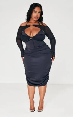 Plus Black Halterneck Ring Detail Bodycon Dress