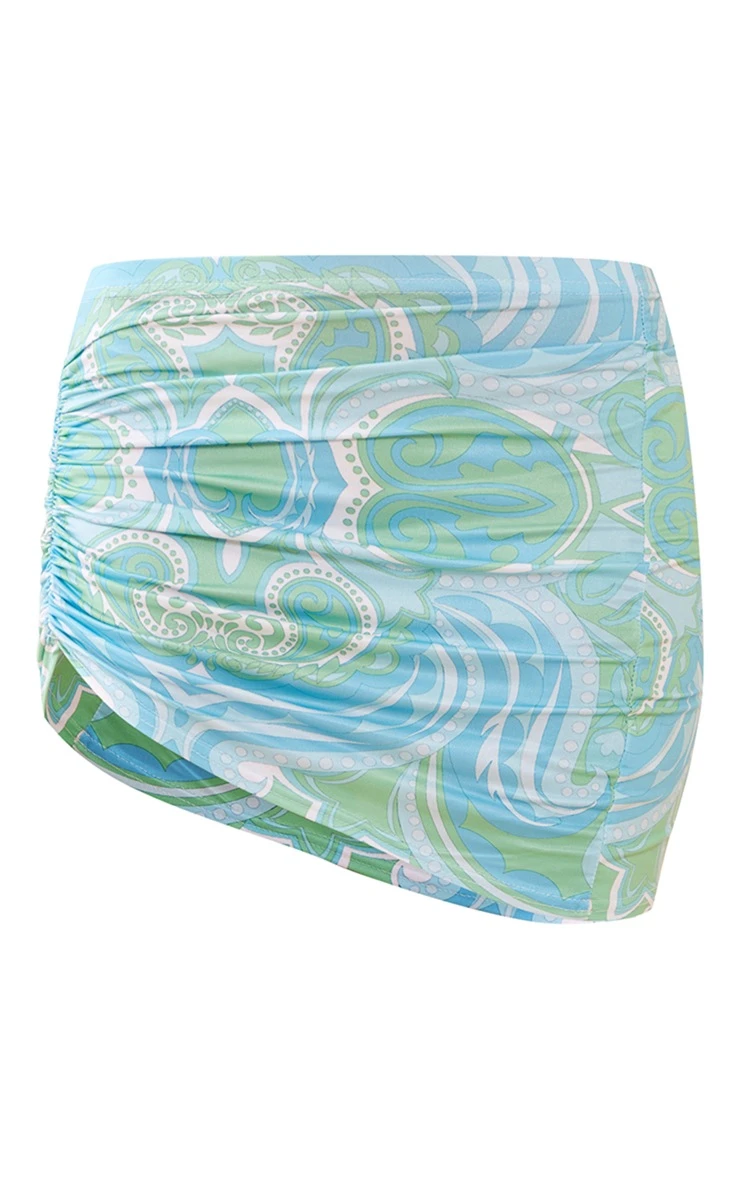 Aqua Printed Slinky Ruched Side Asymmetric Hem Mini Skirt 6 Aqua Printed Slinky Ruched Side Asymmetric Hem Mini Skirt - Image 6