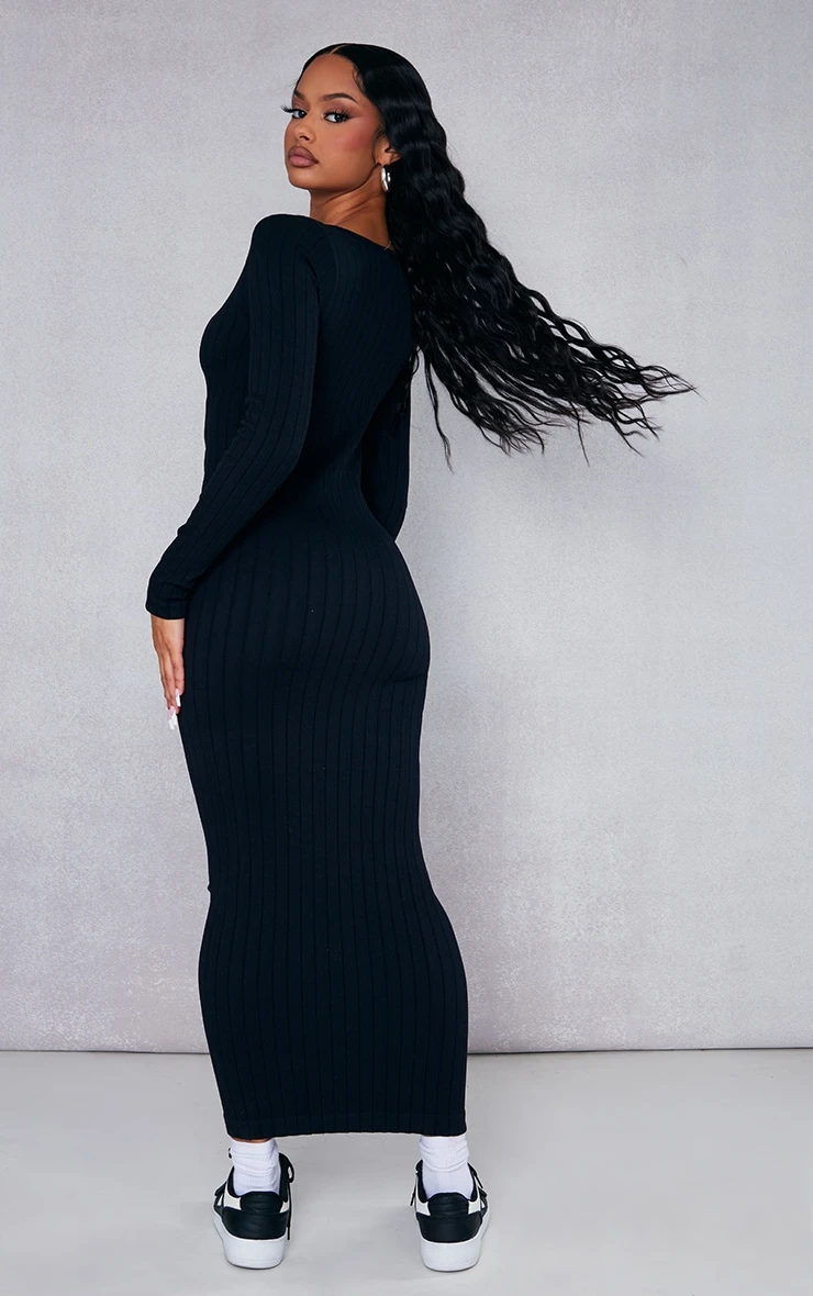 Black Structured Contour Wide Rib Button Down Midaxi Dress 2 Black Structured Contour Wide Rib Button Down Midaxi Dress - Image 2
