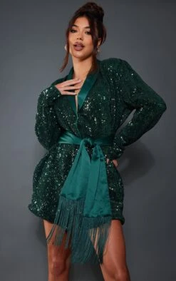 Emerald Green Sequin Tassel Tie Detail Blazer Dress