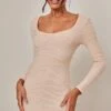 Desert Sand Textured Long Sleeve Bodycon Dress