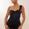Black Satin Ruched One Shoulder Bodycon Dress