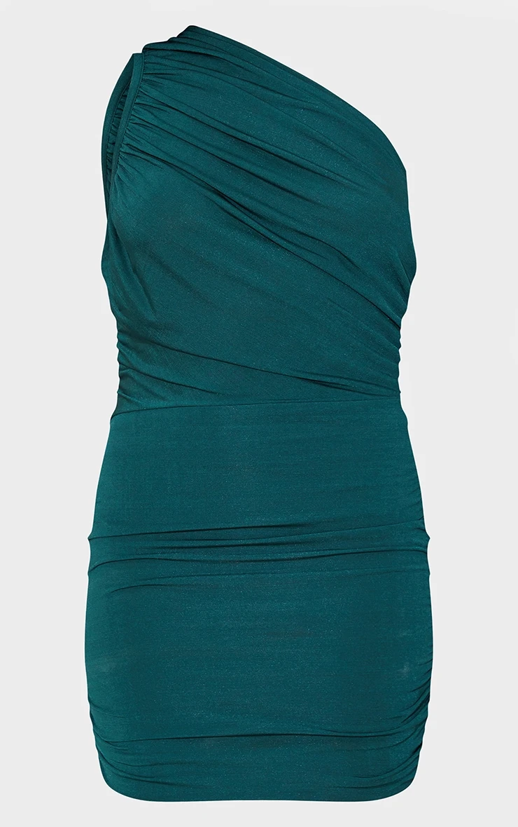 Petite Emerald Green Slinky Ruched One Shoulder Longline Midi Dress 6 Petite Emerald Green Slinky Ruched One Shoulder Longline Midi Dress - Image 6