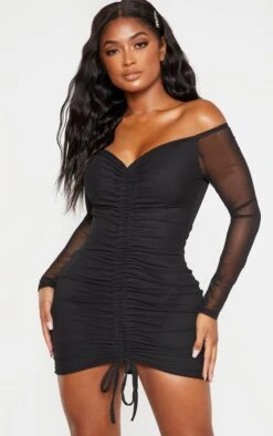 Shape Black Mesh Ruched Bardot Bodycon Dress