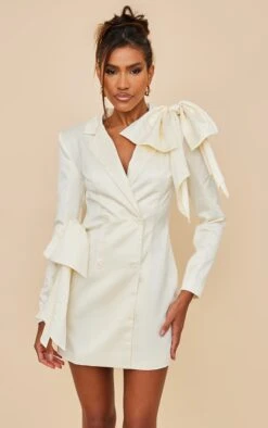 Cream Bow Shoulder Satin Blazer Dress