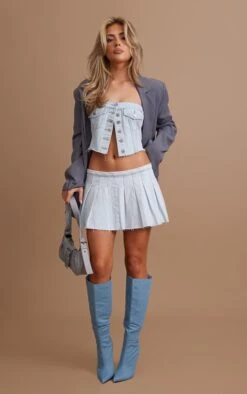 Light Blue Wash Low Rise Denim Mini Tennis Skirt
