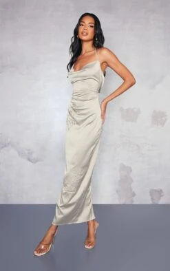 Olive Satin Floral Embroidered Cowl Neck Maxi Dress