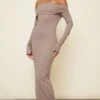 Taupe Fold Detail Ruched Sleeve Maxi Dress