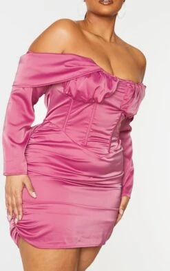 Plus Pink Satin Drape Bardot Sleeve Ruched Back Bodycon Dress -Serenova Dresses Shop 388bf95bfe79fef05466df577ac406c8363a74f0 cmu5860 5