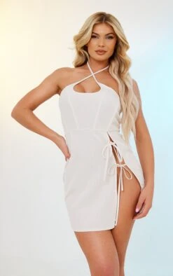 Cream Linen Look Halterneck Tie Detail Corset Bodycon Dress