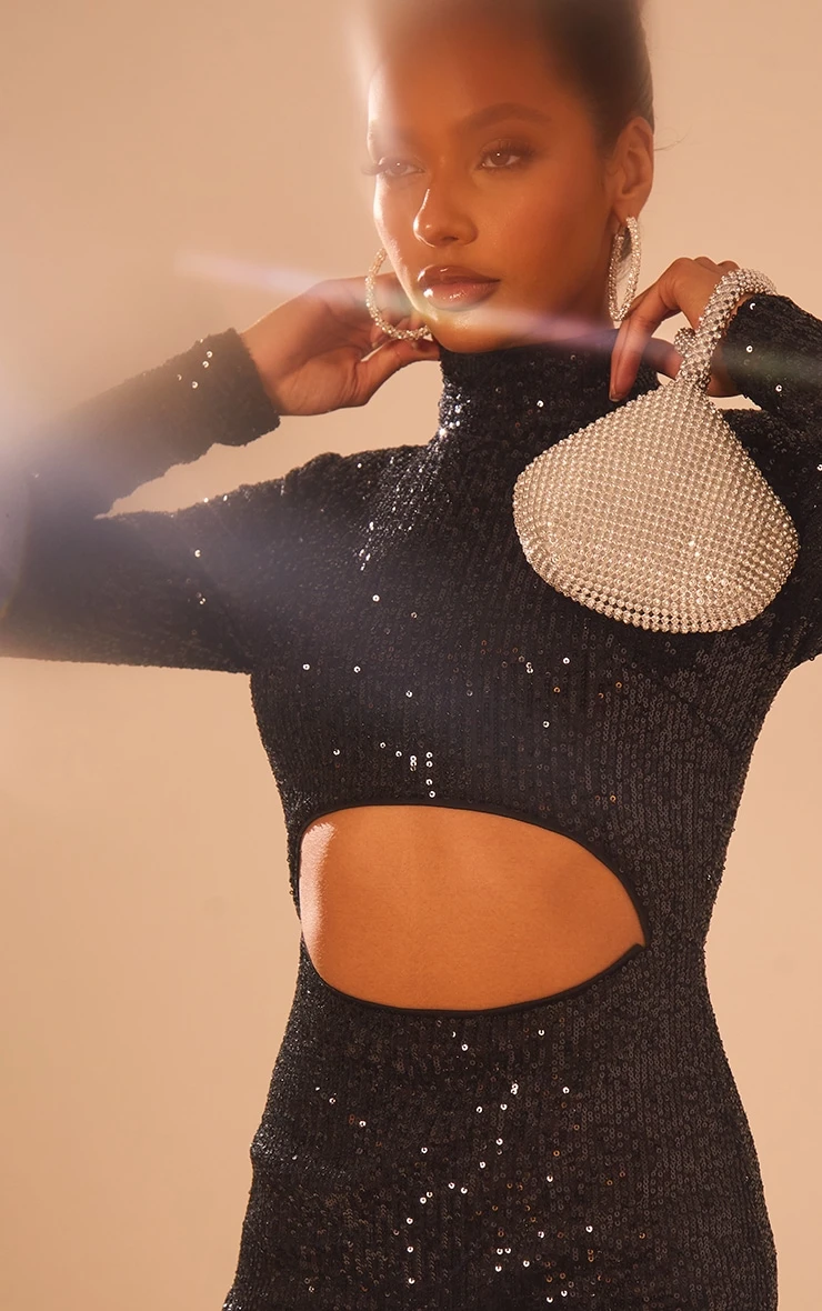 Black Sequin High Neck Long Sleeve Cut Out Split Hem Bodycon Dress 4 Black Sequin High Neck Long Sleeve Cut Out Split Hem Bodycon Dress - Image 4