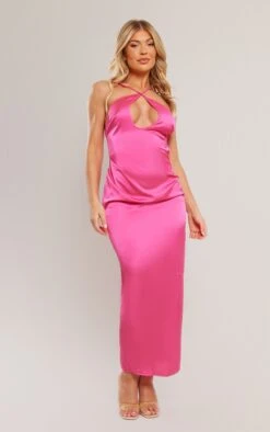 Sugar Pink Satin Cross Strap Cut Out Midaxi Dress