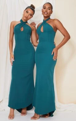 Emerald Green Bridesmaid Corset Detail Cross Front Maxi Dress