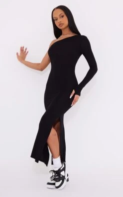 Black Jersey One Shoulder Midaxi Dress